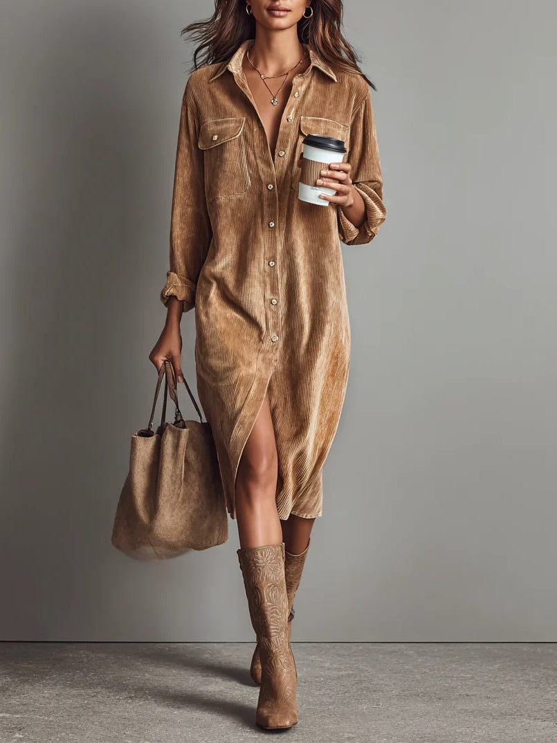 Béatrice | Midi Dress in Corduroy with Pockets and Single Button Closure