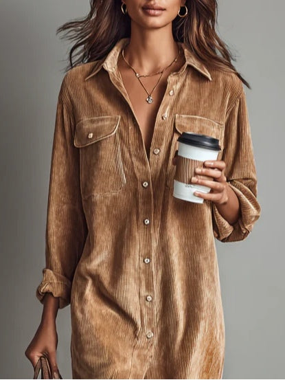Béatrice | Midi Dress in Corduroy with Pockets and Single Button Closure