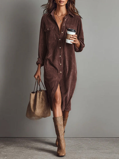 Béatrice | Midi Dress in Corduroy with Pockets and Single Button Closure