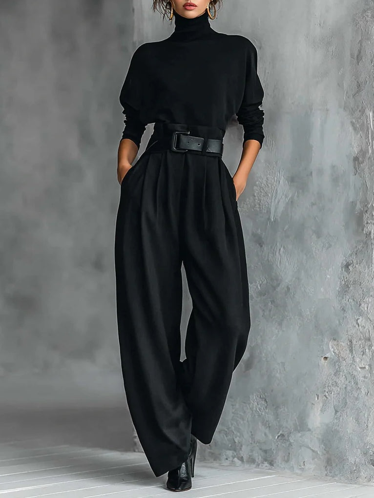 Noëlla | Black Roll Neck Top and Straight Leg Trousers Set