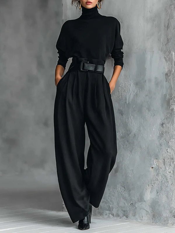 Noëlla | Black Roll Neck Top and Straight Leg Trousers Set