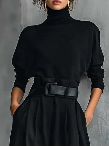 Noëlla | Black Roll Neck Top and Straight Leg Trousers Set