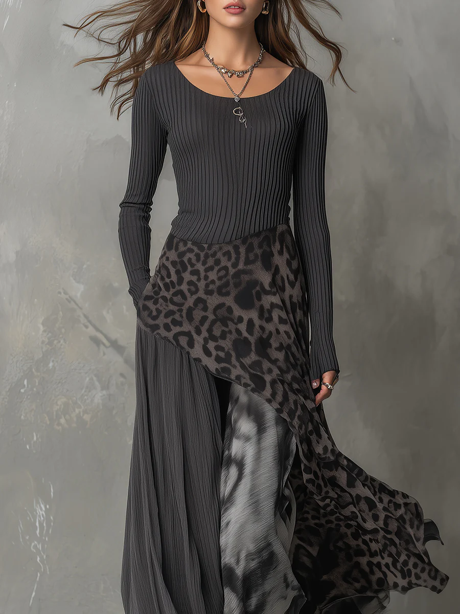 Women's Striped and Leopard Print Maxi Dress with Irregular Hem - image 3