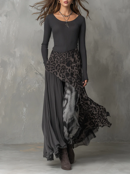 Women's Striped and Leopard Print Maxi Dress with Irregular Hem - image 1
