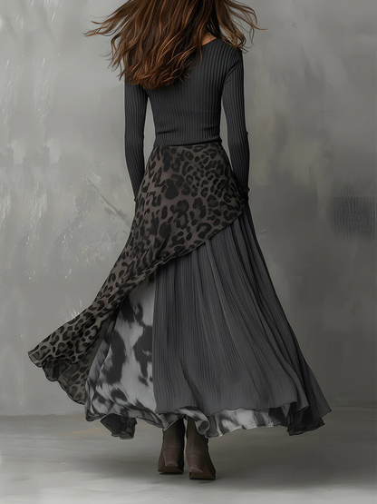 Women's Striped and Leopard Print Maxi Dress with Irregular Hem - image 2