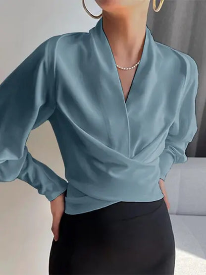 Women's Draped V-Neck Blouse with Gathered Sleeves - image 1