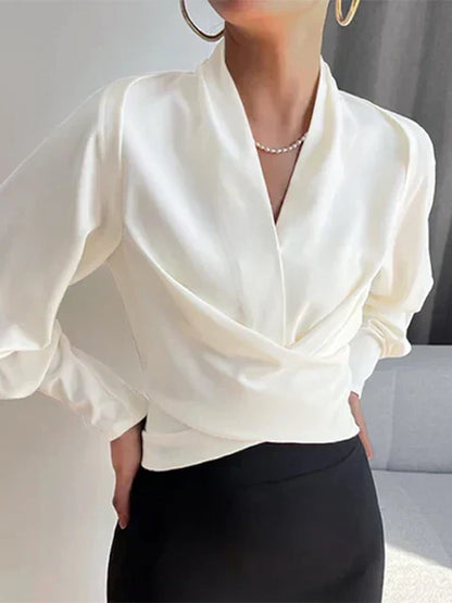Women's Draped V-Neck Blouse with Gathered Sleeves - image 2