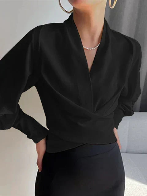 Women's Draped V-Neck Blouse with Gathered Sleeves - image 3