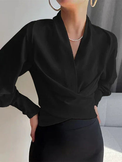 Women's Draped V-Neck Blouse with Gathered Sleeves - image 3