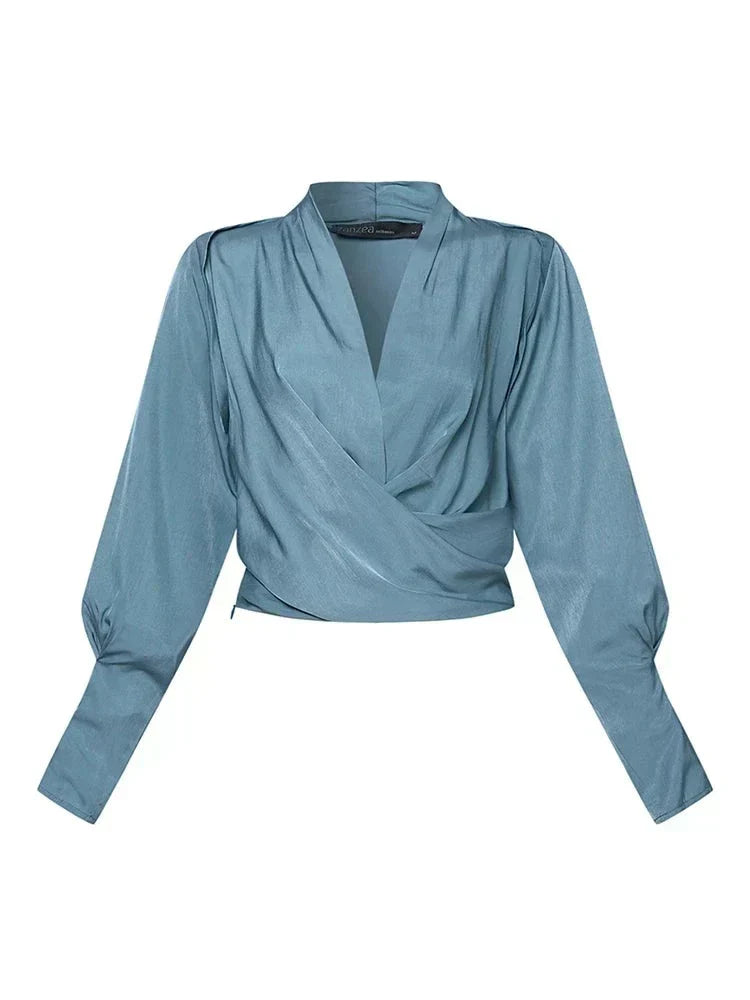 Women's Draped V-Neck Blouse with Gathered Sleeves - image 6