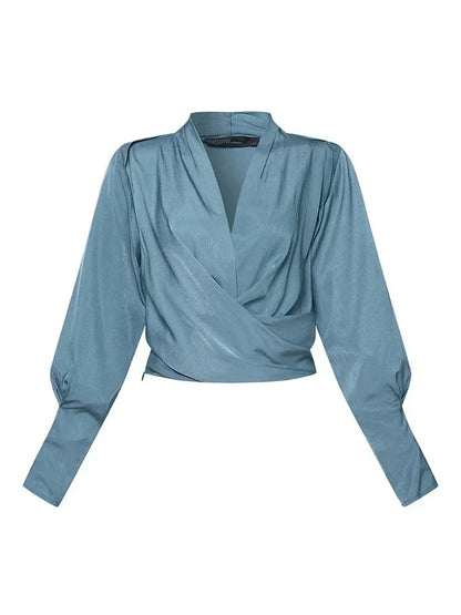 Women's Draped V-Neck Blouse with Gathered Sleeves - image 6