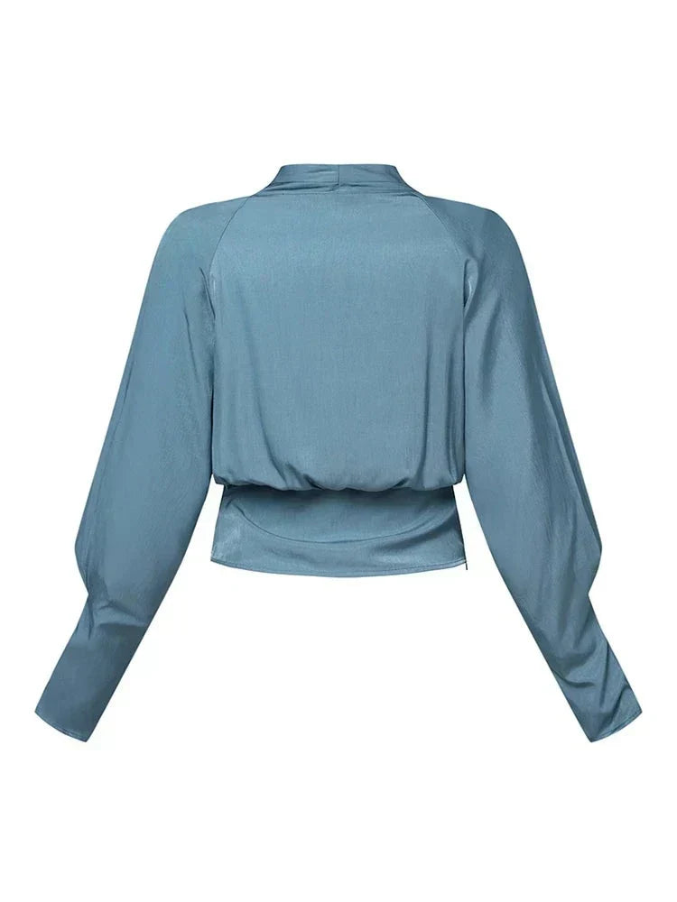 Women's Draped V-Neck Blouse with Gathered Sleeves - image 5