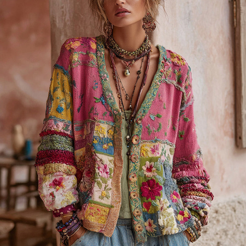 Women's Pink Floral Embroidered V-Neck Cardigan - image 1