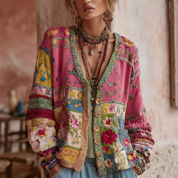 Women's Pink Floral Embroidered V-Neck Cardigan - image 1
