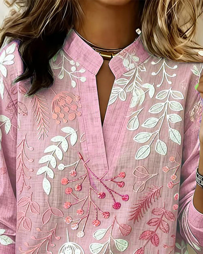 LILIANE™ - Botanical Print Open-Neck Blouse
