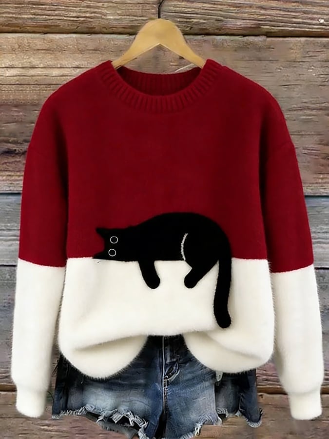 Women's Knit Jumper with Cat Graphic - image 4