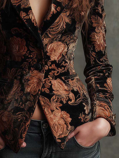Bertille | Black and Bronze Floral Print Tailored Blazer