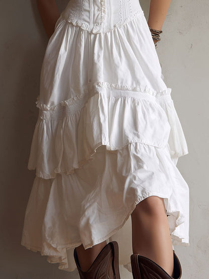 Retro Boho Corset Tiered Midi Dress With Lace Trim
