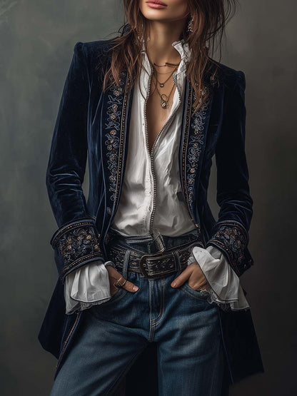 Athénaïs | Vintage Navy Blue Embroidered Long Jacket