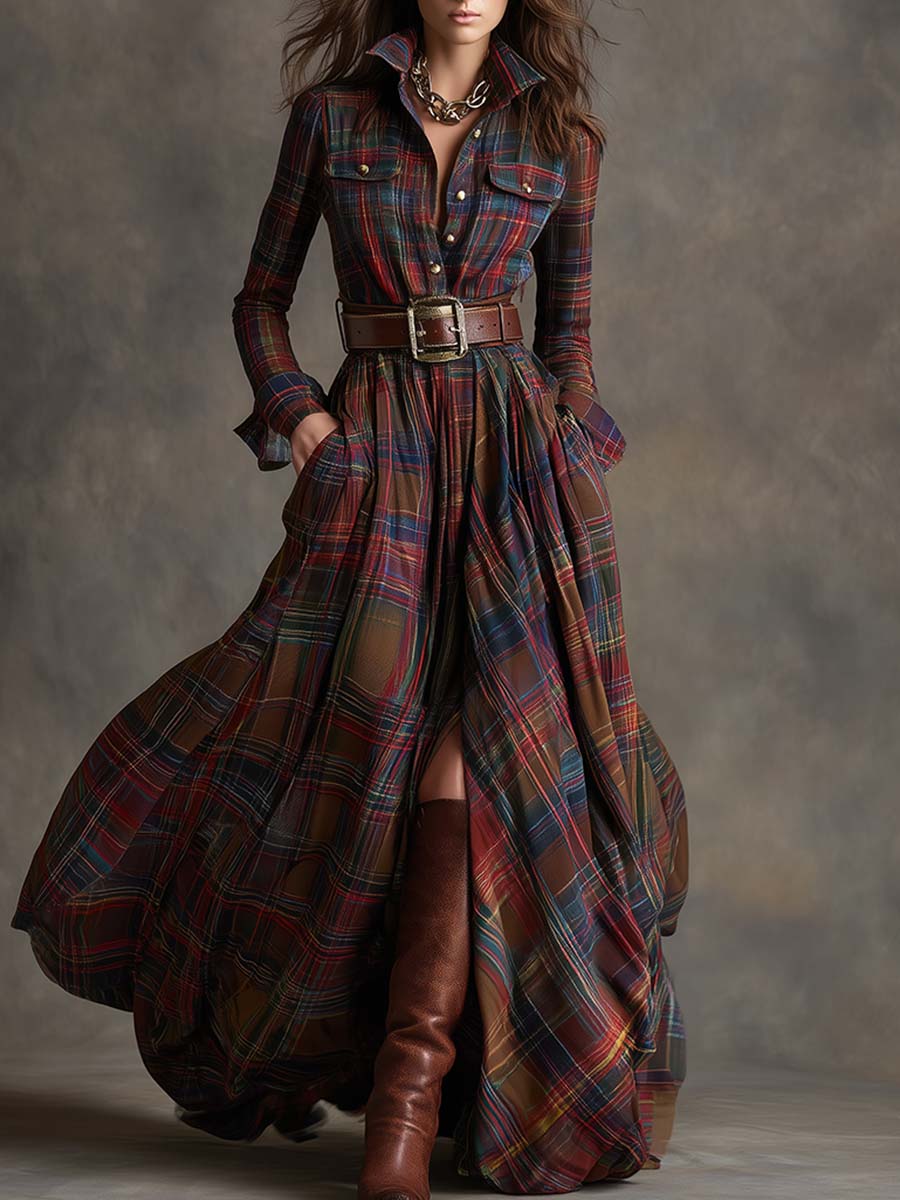 Women's Plaid Maxi Dress with Collar and Belt - image 1
