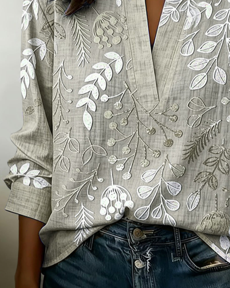 LILIANE™ - Botanical Print Open-Neck Blouse