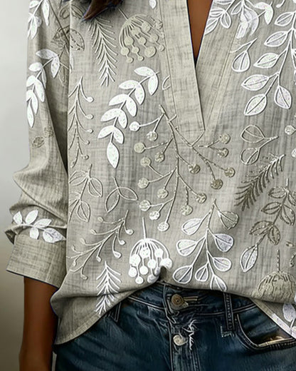 LILIANE™ - Botanical Print Open-Neck Blouse