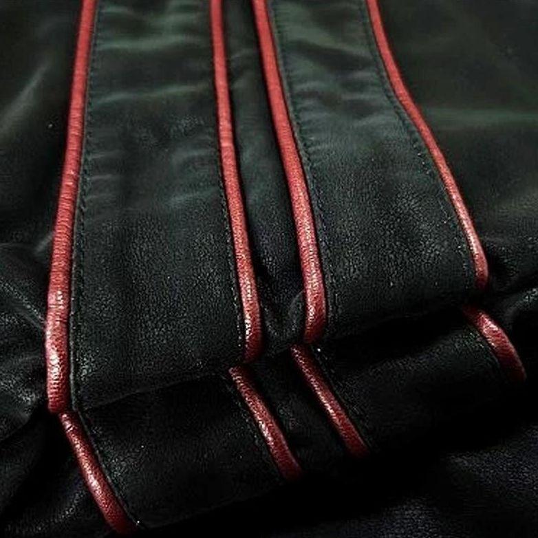Men's Leather Look Zip Jacket in Black with Red Stripes and Zipped Pockets - image 3