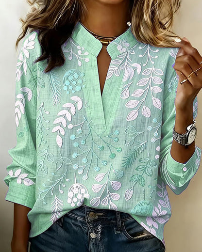 LILIANE™ - Botanical Print Open-Neck Blouse