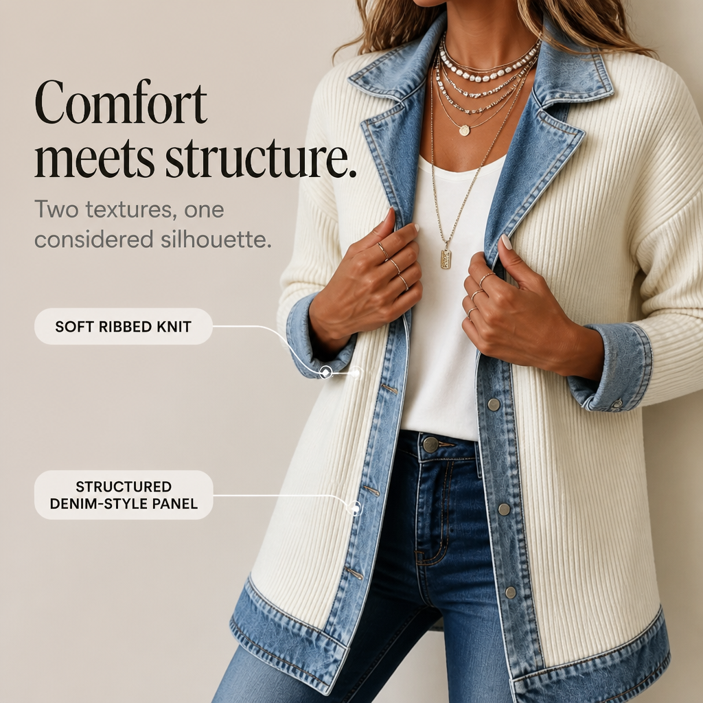 Women's Ribbed Knit Longline Coat with Denim Look Panels and Lapels - image 5
