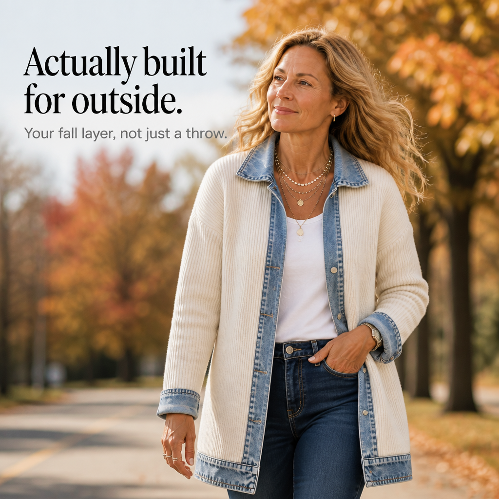 Women's Ribbed Knit Longline Coat with Denim Look Panels and Lapels - image 9