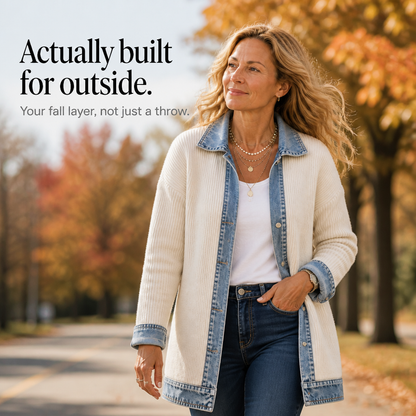 Women's Ribbed Knit Longline Coat with Denim Look Panels and Lapels - image 9