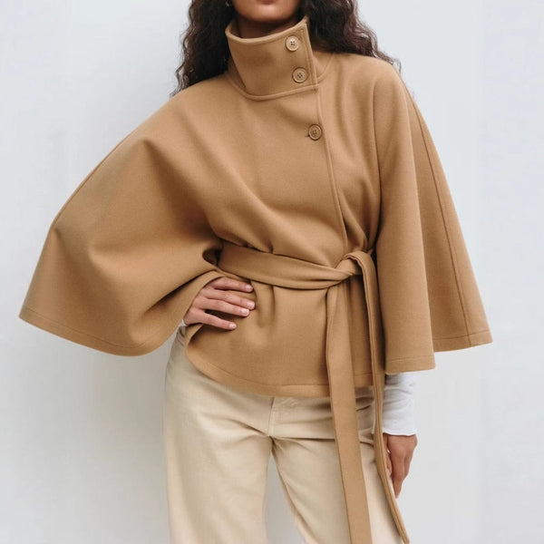 Women's High Collar Cape Coat with Belt - image 1