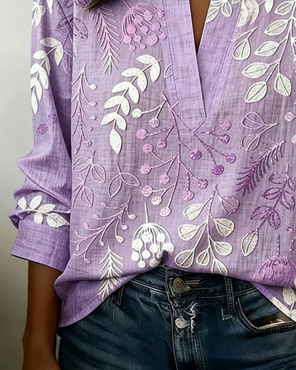 LILIANE™ - Botanical Print Open-Neck Blouse