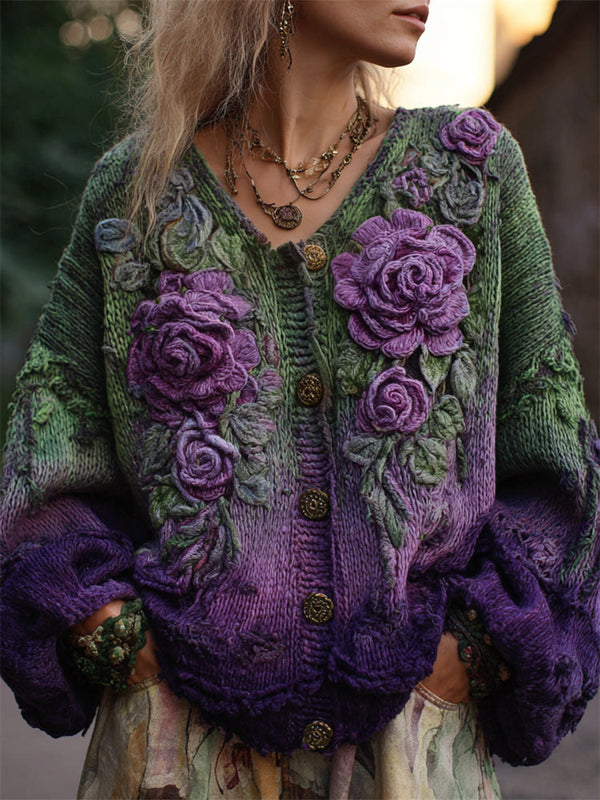 Women's Purple Rose Embroidered V-Neck Cardigan - image 1