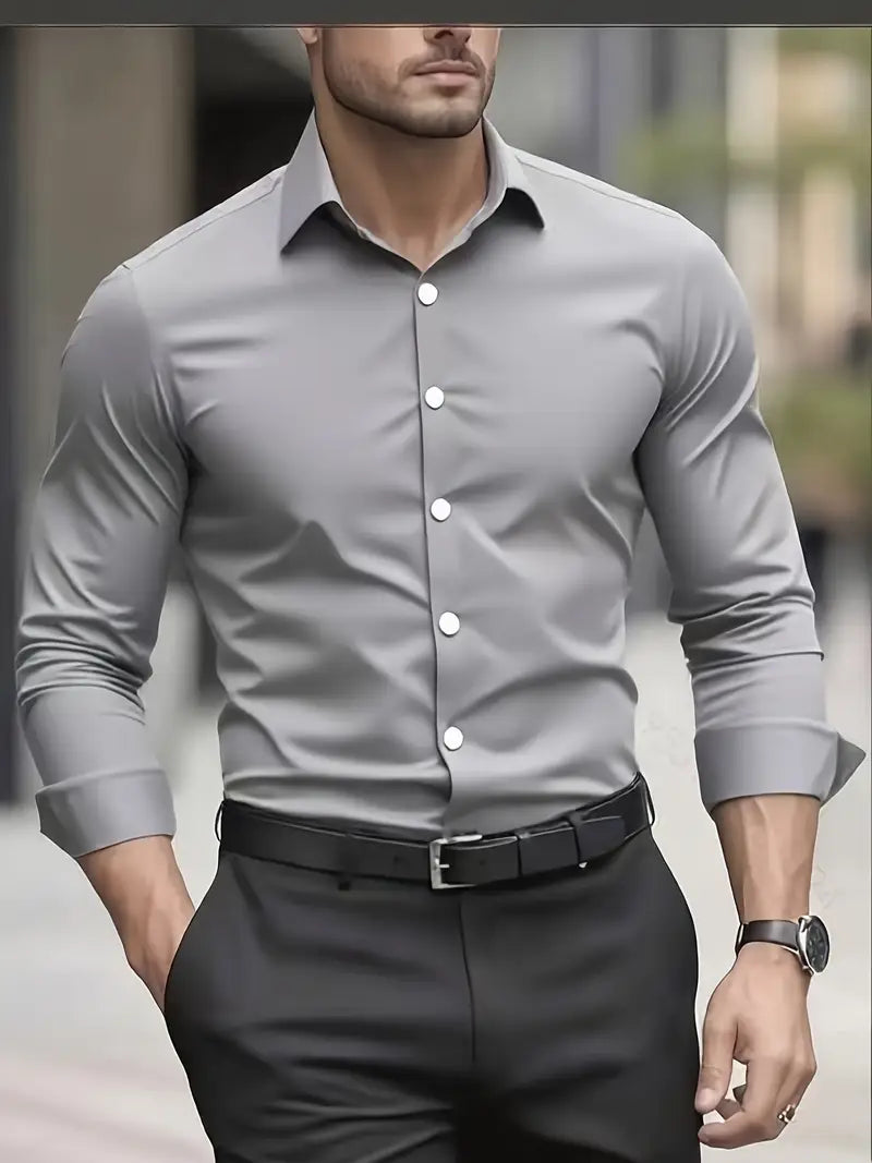 Men's Long Sleeve Dress Shirt with Pointed Collar and Full Button Front - image 5