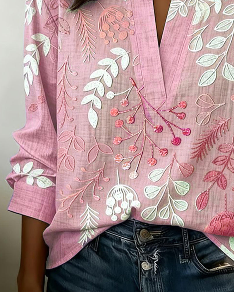 LILIANE™ - Botanical Print Open-Neck Blouse