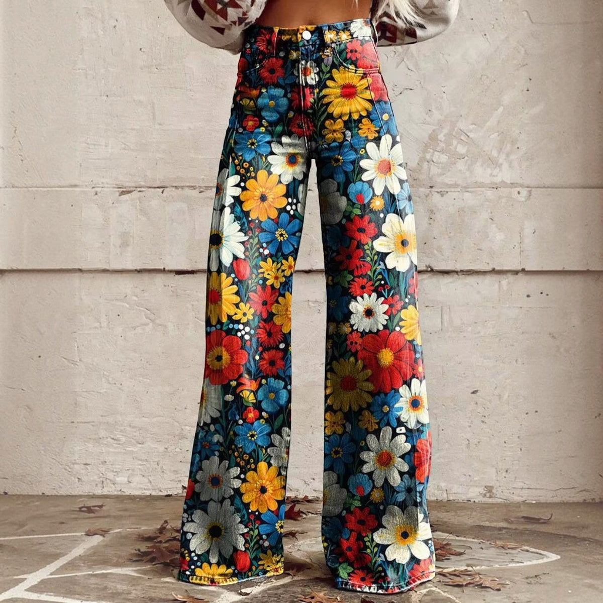 Women's High Waisted Floral Bell Bottom Trousers - image 1