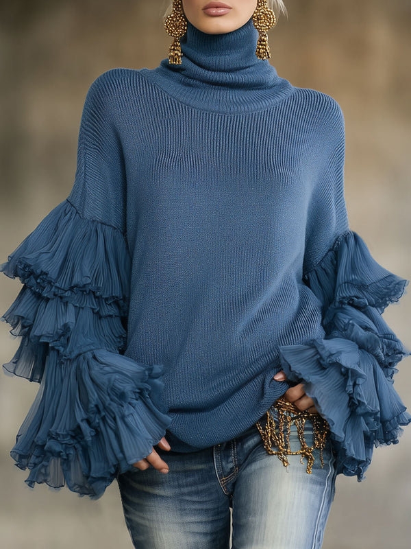 Women's Turtleneck Ruffle Sleeve Knit Jumper - image 1