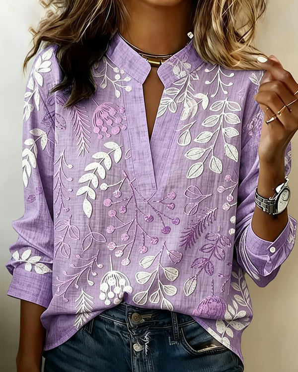 LILIANE™ - Botanical Print Open-Neck Blouse
