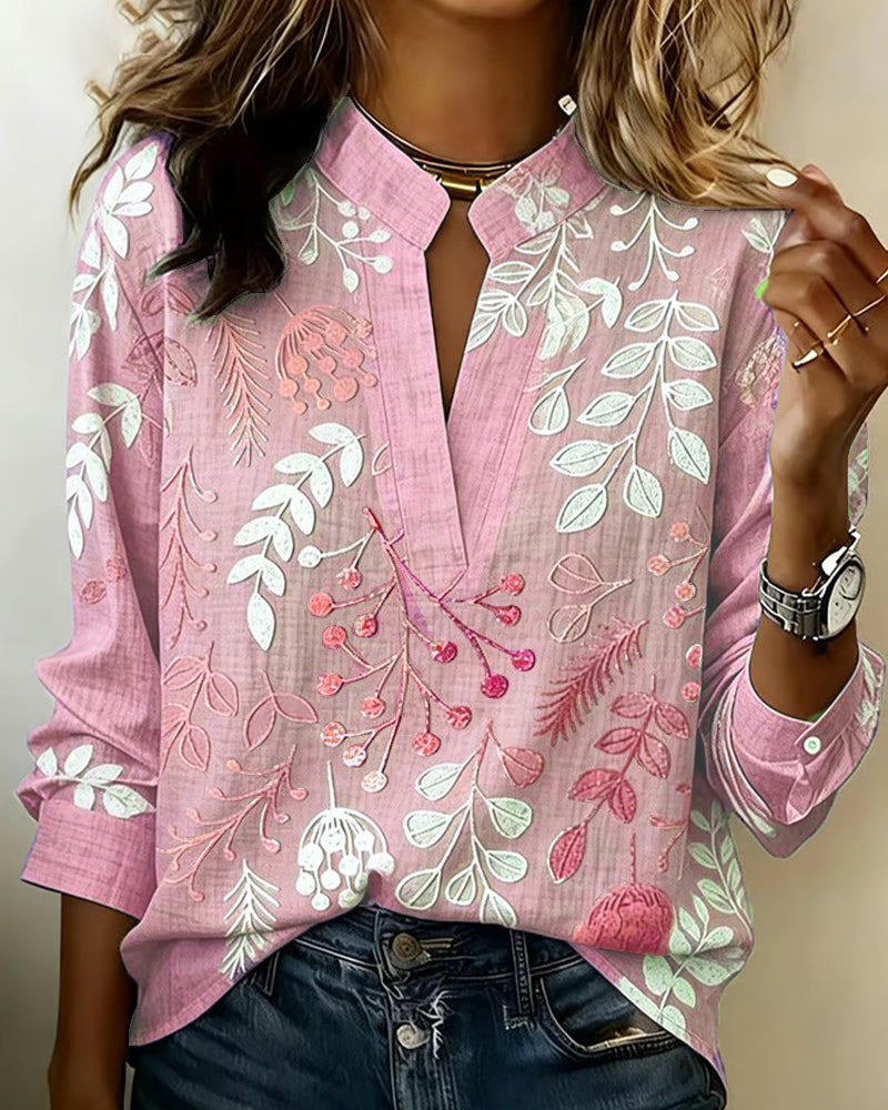 LILIANE™ - Botanical Print Open-Neck Blouse