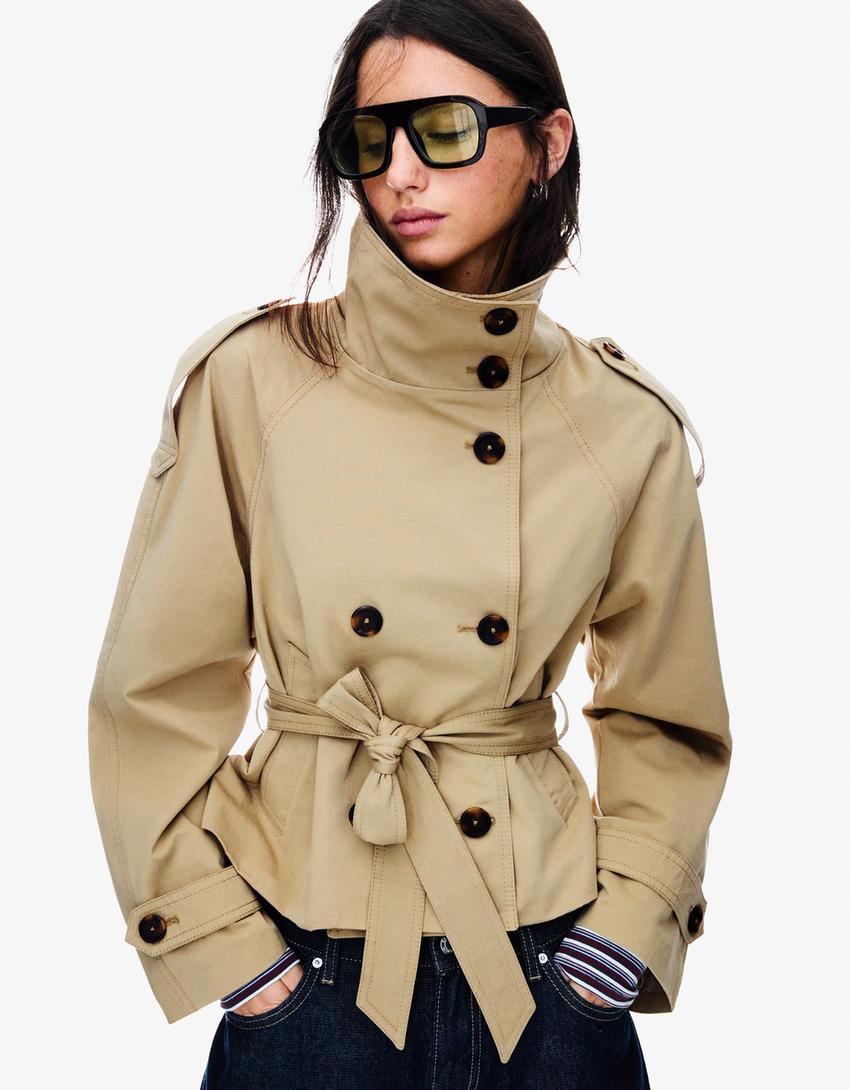 Women's Cropped Trench Coat with Belt - image 1