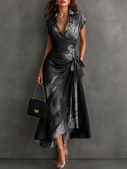 Red Black Abstract Print Wrap Midi Dress Collared V Neck Short Sleeve Tie Waist Ruffled High‑Low Hem Dress