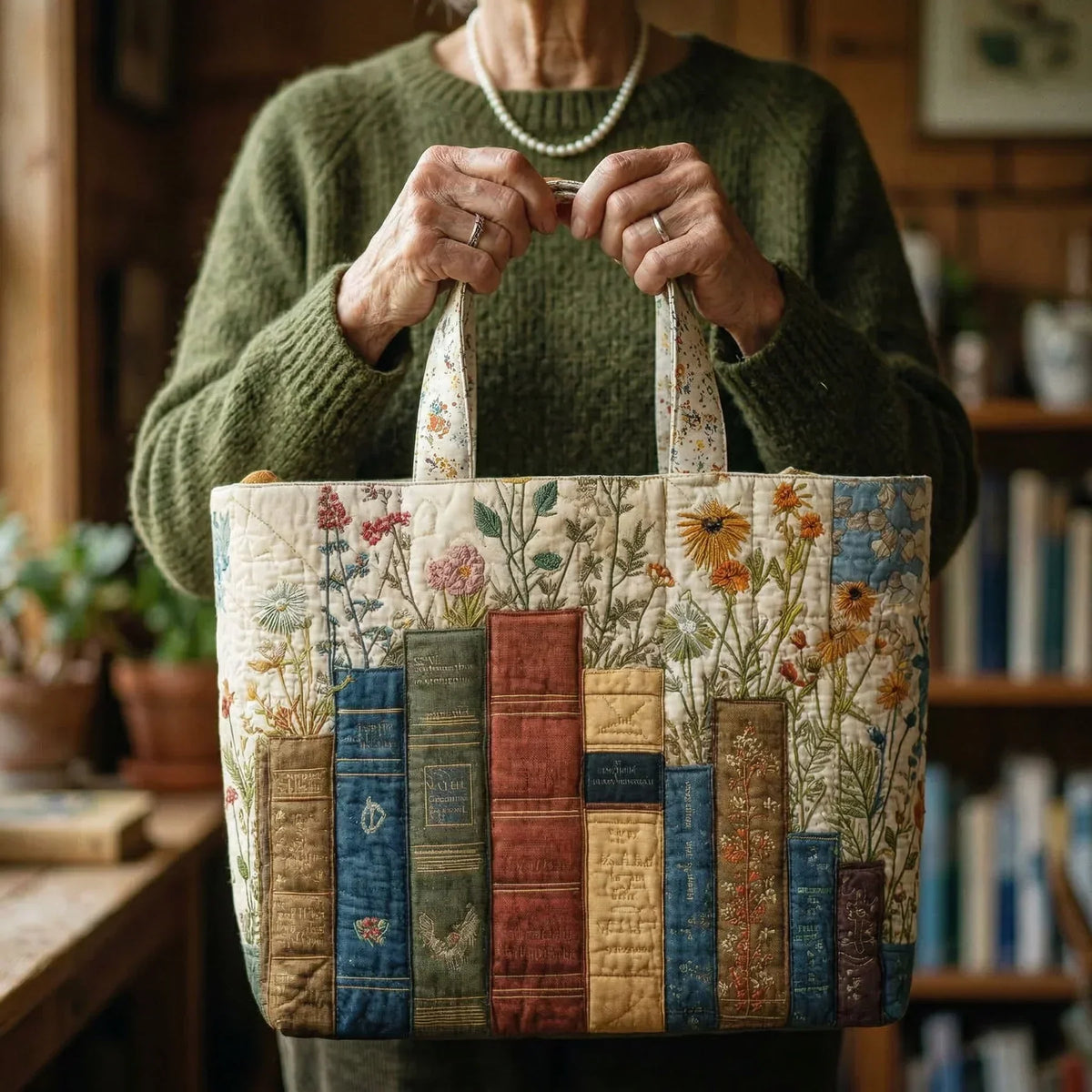 Padded Artisan Tote Bag - Books and Flowers