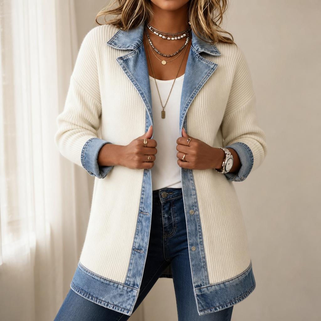 Women's Ribbed Knit Longline Coat with Denim Look Panels and Lapels - image 1