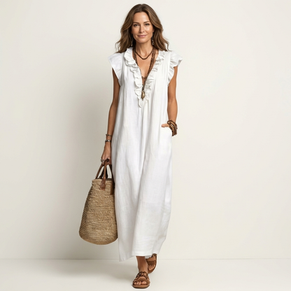 Monica | Maxi Dress in Linen Blend with Ruffles and V-Neck