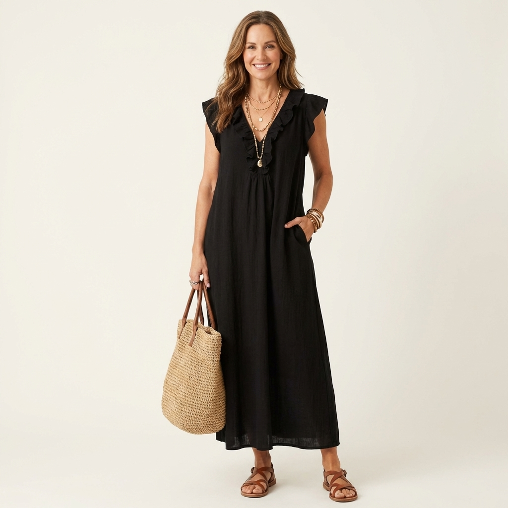Monica | Maxi Dress in Linen Blend with Ruffles and V-Neck