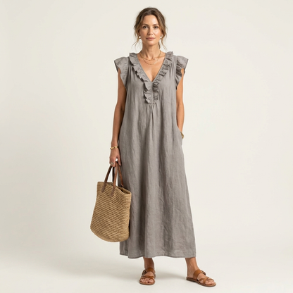 Monica | Maxi Dress in Linen Blend with Ruffles and V-Neck