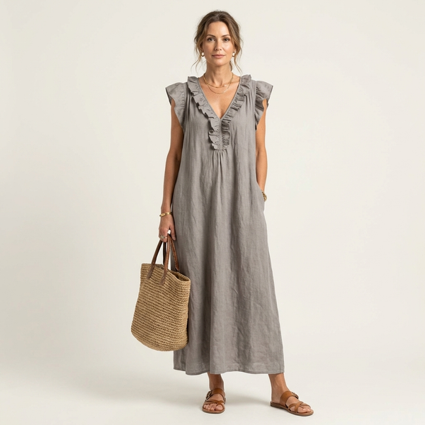 Monica | Maxi Dress in Linen Blend with Ruffles and V-Neck