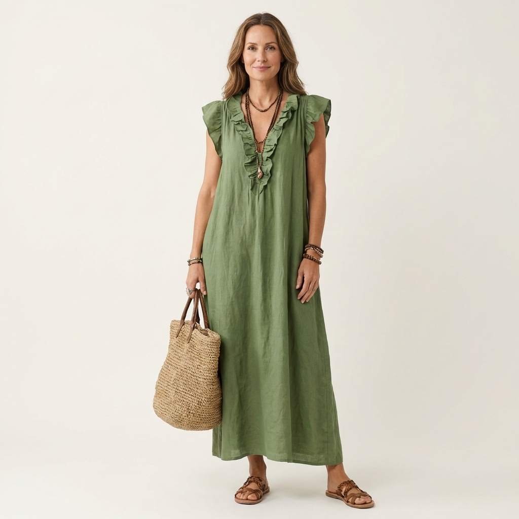 Monica | Maxi Dress in Linen Blend with Ruffles and V-Neck