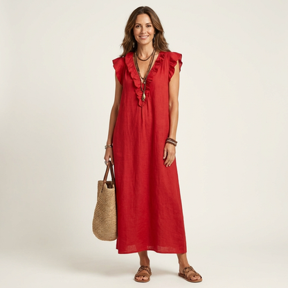 Monica | Maxi Dress in Linen Blend with Ruffles and V-Neck